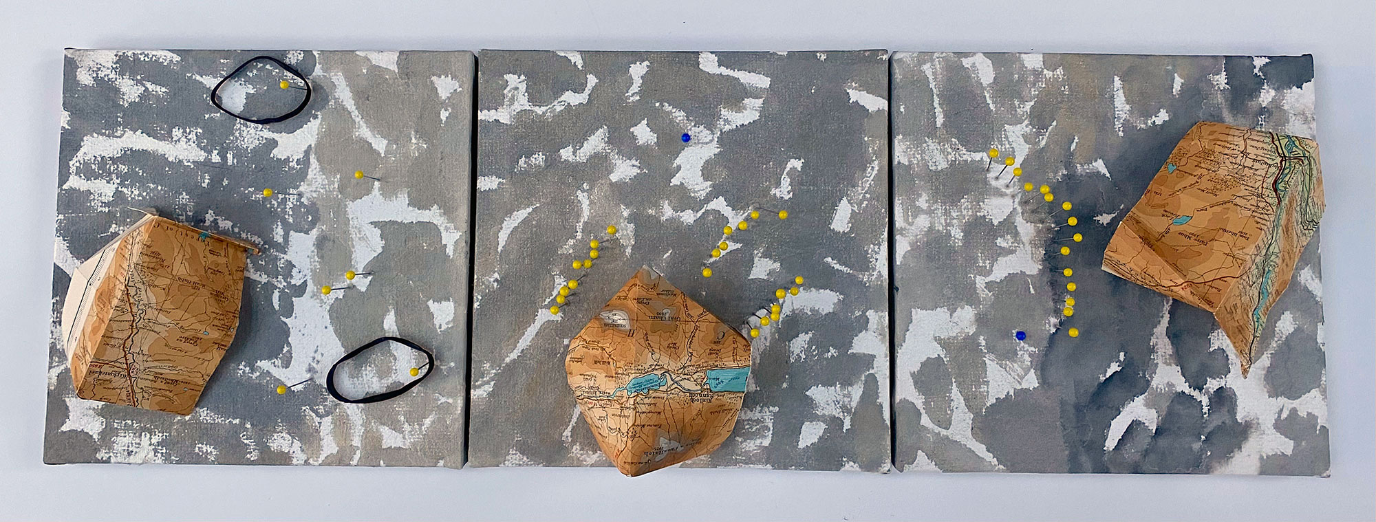 'Pin point', collage found objects on canvas panels, 61x21cm